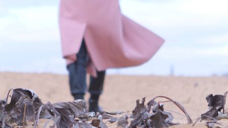 Rear view of female black shoes on the sand, close up view. Woman wearing black leather boots and pink coat walking away on sandy coast with dry tree leaves.の写真素材