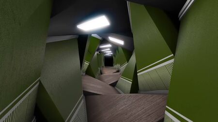 Optical illusion of corridor. Animation. Corridor distorted in space with unusual shapes and darkness at end is frightening on psychological levelの写真素材