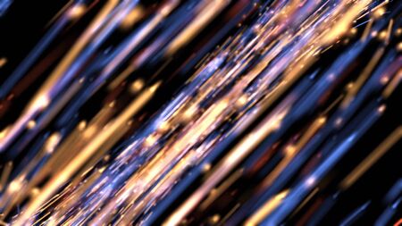 Looped movement of futuristic neon stripes on black background. Animation. Beautiful stream of luminous bands and particles like in spaceの写真素材