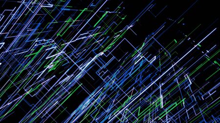3D geometric drawing on black backgroun. Animation. Movement of neon lines in digital space creating geometric drawingの写真素材