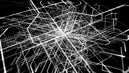 Abstract white lines moving and bending from the center of the black screen in different...