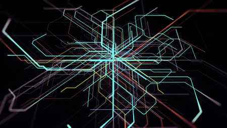 Many narrow beams moving into all the sides from one point on black background. Animation. Concept of multiple choice and different options.の写真素材