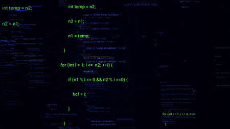 Abstract flight through moving computer code on black background with 3D effect. Animation. Lines of...