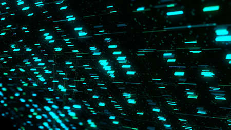Abstract flowing rectangular particles of blue color on black background, seamless loop. Animation....