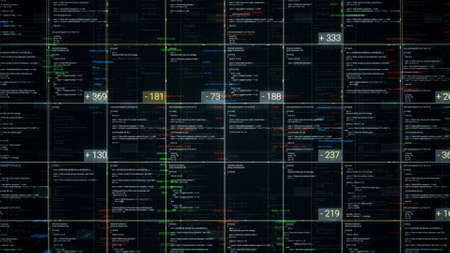 Blocks of abstract program code flowing and changing on black