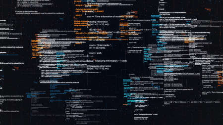 Abstract computer code running in a virtual space. Animation. Programming code with moving lines isolated on black sreen background, seamless loop.