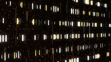 3D electronic background with moving neon stripes. Animation. Neon stripes move in rows on black digital background. Digital field with moving luminous network bandsの写真素材