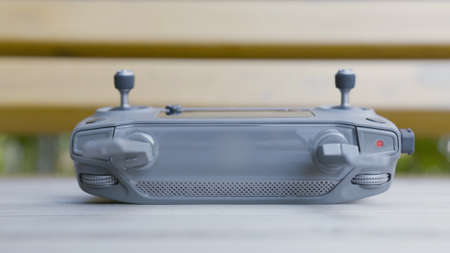 Drone controller. Action. Close-up of joystick for controlling wireless drone. Advanced controller...