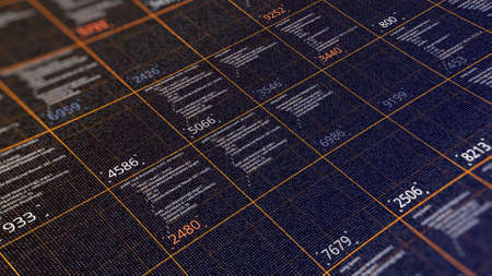Details of an abstract computer code creation. Animaion. Lots of glowing numbers inside squares of narrow lines changing on the black screen, seamless loop.の写真素材