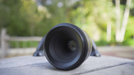 Close-up of ultra-wide-angle lens. Action. Modern new-generation lens for professional cameras. Professional lens on blurry Park backgroundの写真素材