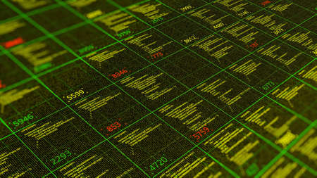 Stock market data rolling and processing over a grid. Animation. Global economy stock market...