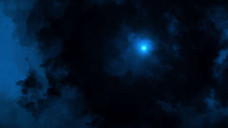 Bottom view of scary dark sky with flowing clouds and shining moon. Animation. Abstract dark blue cold sky at night with a glowing beautiful lonely star.の写真素材