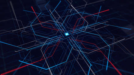 Computer diagram of moving networks of Internet. Animation. Centralized diagram with moving neon lines of computer system. Neural networks of Internet or computerの写真素材