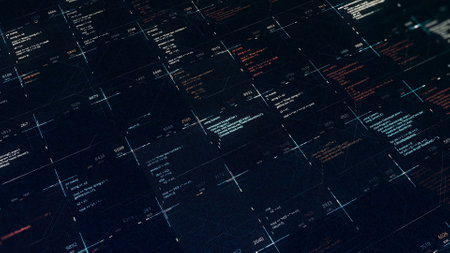 Multiple source codes on digital background. Animation. Program codes in cells of computer's digital table. Software with lots of changing data in codes.の写真素材