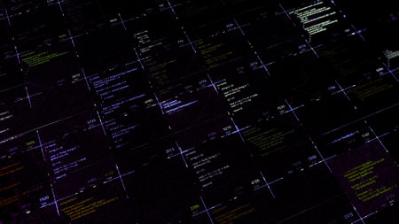 Multiple source codes on digital background. Animation. Program codes in cells of computer's digital table. Software with lots of changing data in codes.の写真素材