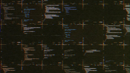 Abstract computer script source code with glitch effect. Animation. Screen of web developing hacker...