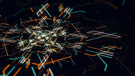Explosion of energy neon lines. Animation. Neon lines explode creating pattern of motherboard. Lines move in computer patternの写真素材