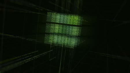 Green abstract cube is assembled from small particles. Animation. Shimmering 3D figure rotating on...
