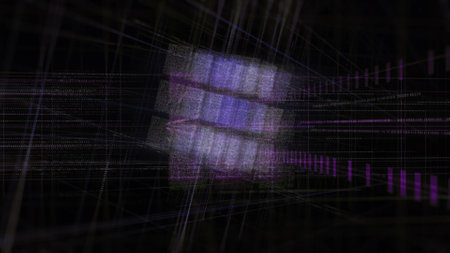 Abstract digital grid in a shape of rotating box, seamless loop. Animation. Virtual purple figure of 3D cubes made of shimmering particles isolated on black background.の写真素材