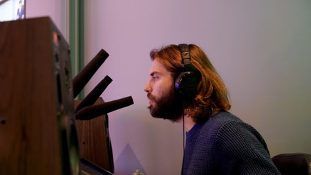 Side view of a narrator or commentator speaking his mind into a microphone. Media. Young man with...