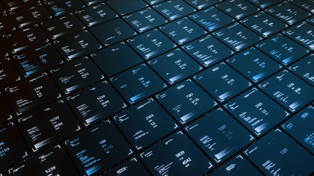 3D computer cells with numbers. Animation. Business structure in 3D computer graphics with moving cells. Moving cells with numeric data. Technologically moving series from numeric cell