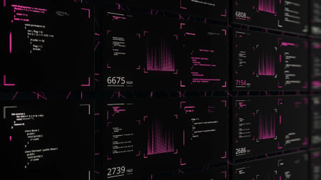 Abstract running numbers and graphics on digital computer monitor. Animation. Informational technological background on device display, seamless loop.の写真素材