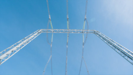 Power poles on background of blue sky. Action. Beautiful electric poles on blue sky background....