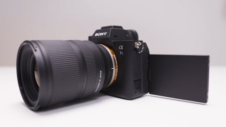 RUSSIA, MOSCOW-DECEMBER, 2020: New professional Sony Camera. Action. Sony a7s III camera with...