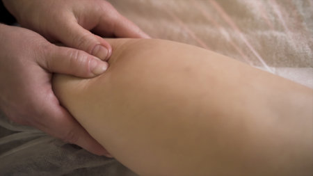 Close up of professional legs massage in the spa salon by sensitive female hand. Action. Premium...
