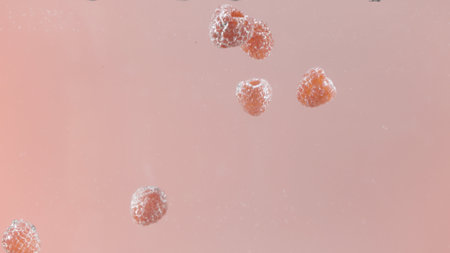 Raspberries and blueberries falling into water against light pink background. Action. Fresh berry cocktail, fresh ripe berries sinking in a water reservoir.の写真素材