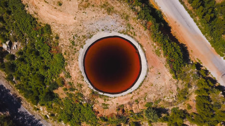 Top view of Sinkhole. Clip. Incredible natural phenomenon in form of sinkhole with brown water in...