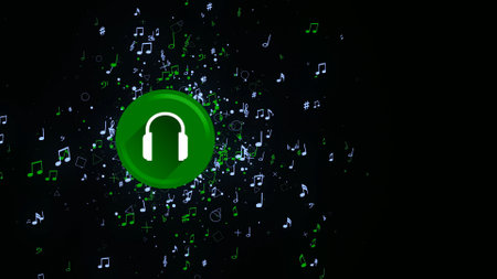 Headphone icon with notes on black background. Animation. Colored headphone icon emits bright notes. Beautiful notes appear from headphone icon on black backgroundの写真素材