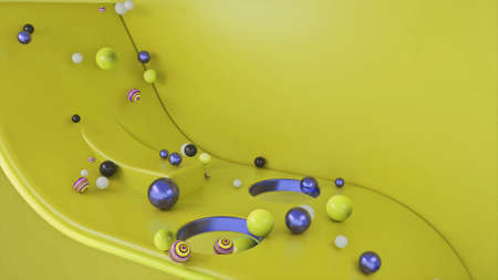 Falling colorful balls through holes. Animation. Kids toys, plastic balls of different size falling down on bended surface.の写真素材