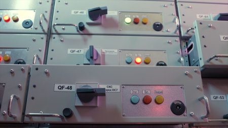 Close up of large grey control device panel with many buttons and levers. Action. Concept of electricity and energy system plant.の写真素材