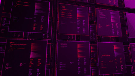 Highly detailed structure showing complexity of data analysis. Animation. Dark pink computer monitor with changing information, seamless loop.の写真素材