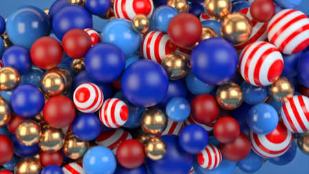 Abstract figure of many different colorful balls rotating isolated on blue background, seamless...