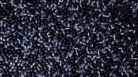 3D falling yellow balls into the abstract reservoir with many dark purple small spheres with white stripes. Animation. Flat round shaped silver figure appearing in the center of the screen.の写真素材