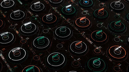 Generated numbers in cyberspace. Animation. Numbers stopped at certain values inside neon circles in virtual space. Random number generator stopped and produced lot of random numbersの写真素材