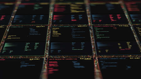 Abstract grid with moving graphs and writing data on black background, seamless loop. Animation. Concept of modern technologies and digital information.の写真素材