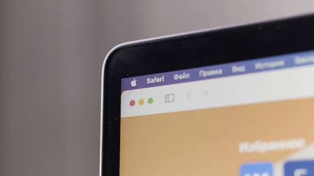 Moscow - Russia, 02.20.2021: close up of retina laptop screen details. Action. New Apple macbook pro screen, new technologies.のeditorial素材