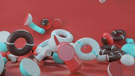 Abstract colorful objects falling down isolated on coral background. Animation. 3D bagel shaped...