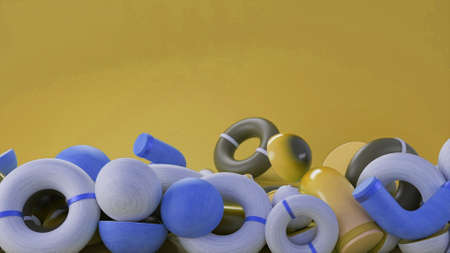 Many abstract children toys isolated on yellow background. Animation. Construction kit with many different 3D details.の写真素材