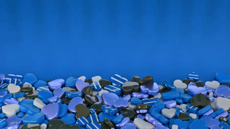 3d hearts fall on isolated background. Animation. Beautiful multicolored hearts fall on blue background. Festive background for Valentines Day holidayの写真素材