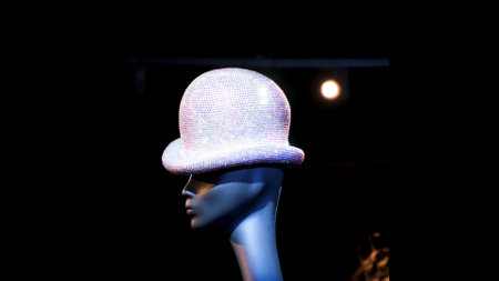 Saint Peterburg - Russia, 01.02.2021: Close up of a black mannequin head with a contrasting white small hat with shining rhinestones. Concept. Exhibition of headwear of Philip Treacy, Erarta museum.のeditorial素材