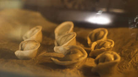 Close-up of dumplings in oven. Art. Delicious dumplings are baked in oven. Unusual way of cooking dumplings on baking sheet in ovenの写真素材