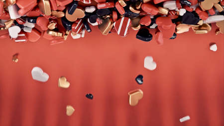 Abstract multicolored 3D different hearts falling down on red cloth background. Animation. Concept...