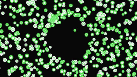 Flow of balls with sphere. Animation. Stream of colored balls with stars moves on black background....