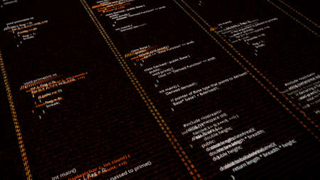 Process of writing source code. Animation. Virtual field of software with source code. Program code...