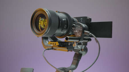 Moscow, Russia - December, 2020: Professional camera on steadicam. Action. Camera is mounted on...