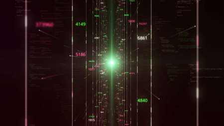 Abstract virtual space with parallel narrow lines and changing numbers on black background, seamless...